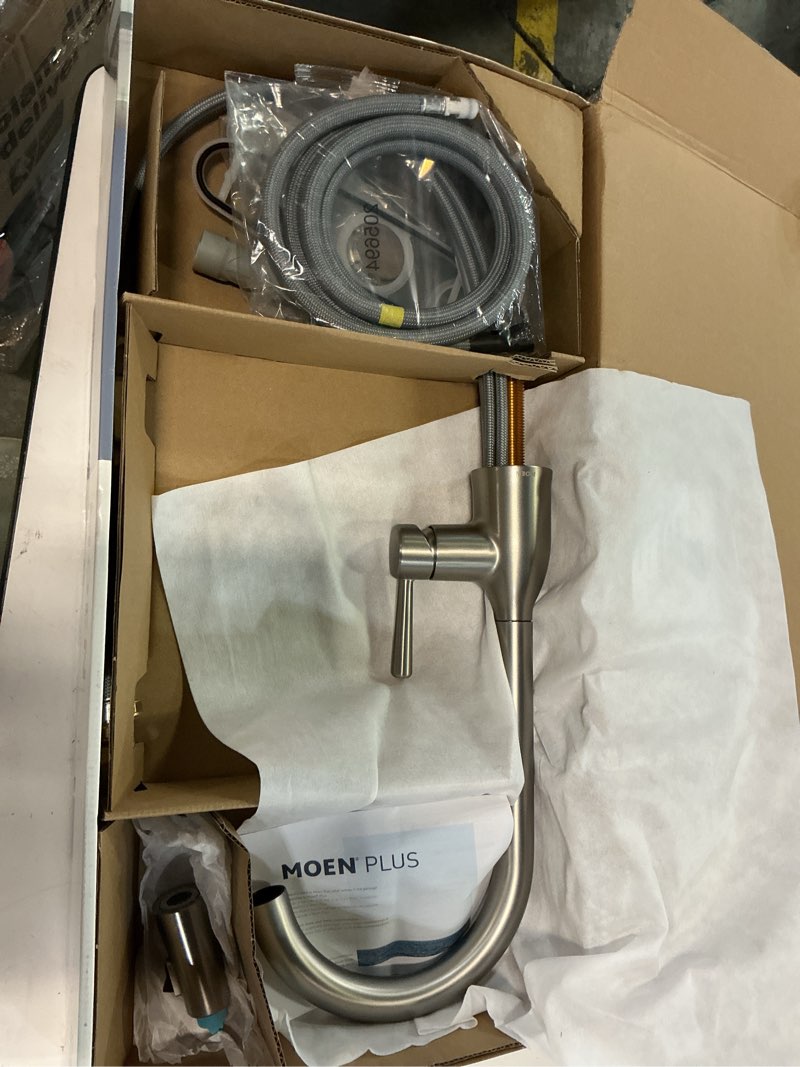 Condition photo showing As Is for Moen Adler Spot Resist Stainless One-Handle High Arc Pulldown Kitchen Faucet with Power Clean, 87233SRS Spot Resist Stainless Standard