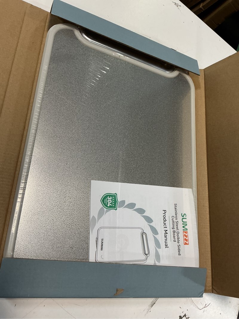 Condition photo showing New/Like New for sumzzz stainless steel cutting board for kitchen, 2-in-1 double-sided chopping board, dishwasher safe, food grade stainless steel/pp, easy to clean, large size, non-slip, 16"×11" 16"l x 11"w
