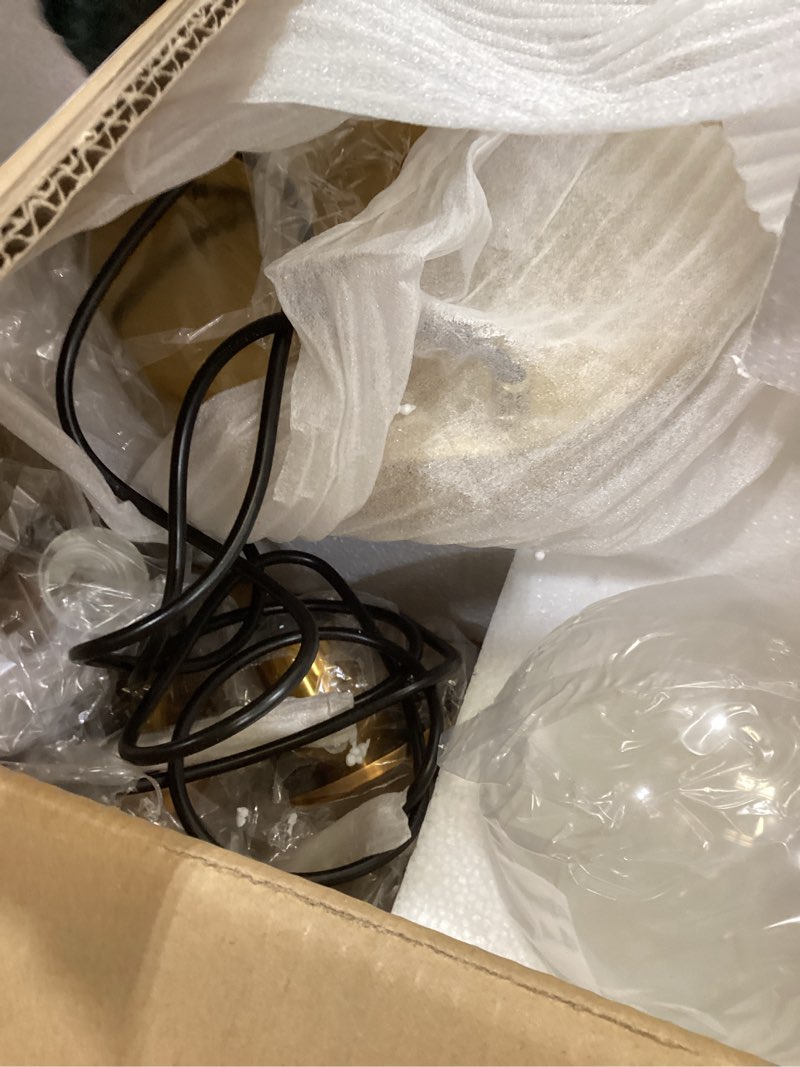 Condition photo showing Good Condition for H XD GLOBAL Industrial Retro Loft 3 Way Pendant Light, Cluster Chandelier Hanging Lamp Fixture Brass Fittings with Glass Globe Lampshade (Clear)