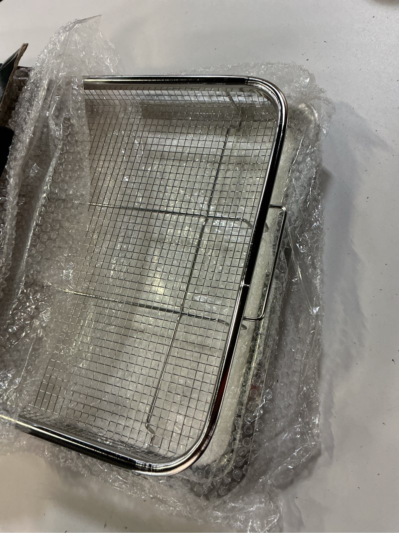 Condition photo showing New/Like New for openice air fryer basket for oven, extra large with 60 pcs parchment paper | 18.6" x 12.8" stainless steel air fryer basket and tray set | air fryer pan for crisping fried, chicken, bacon 18.7" x 12.8"