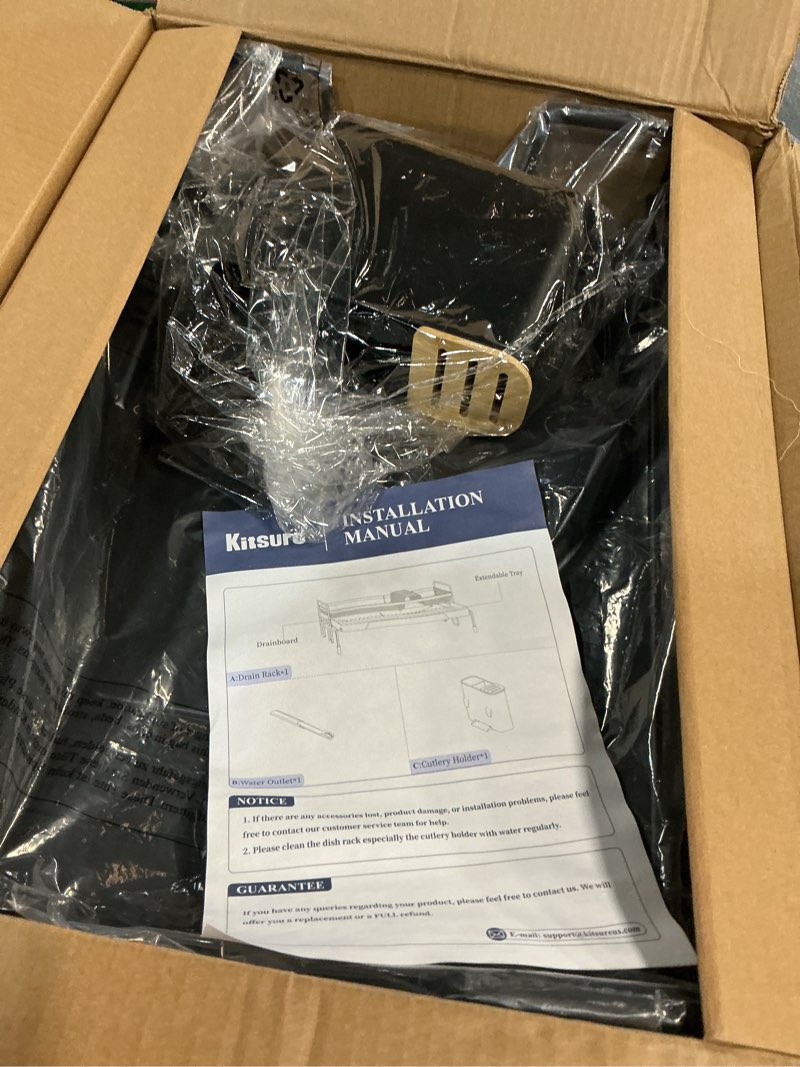 Condition photo showing New/Like New for Kitsure Extendable Dish Drying Rack - Adjustable Length 12.8"–21.0", Auto-Draining Dish Rack for Kitchen Counter, Rust-Resistant Metal Frame Over-Sink Support for Plates, Bowls & Utensils, Black Black 12.8"-21.0" x 16.5" x 6.5"