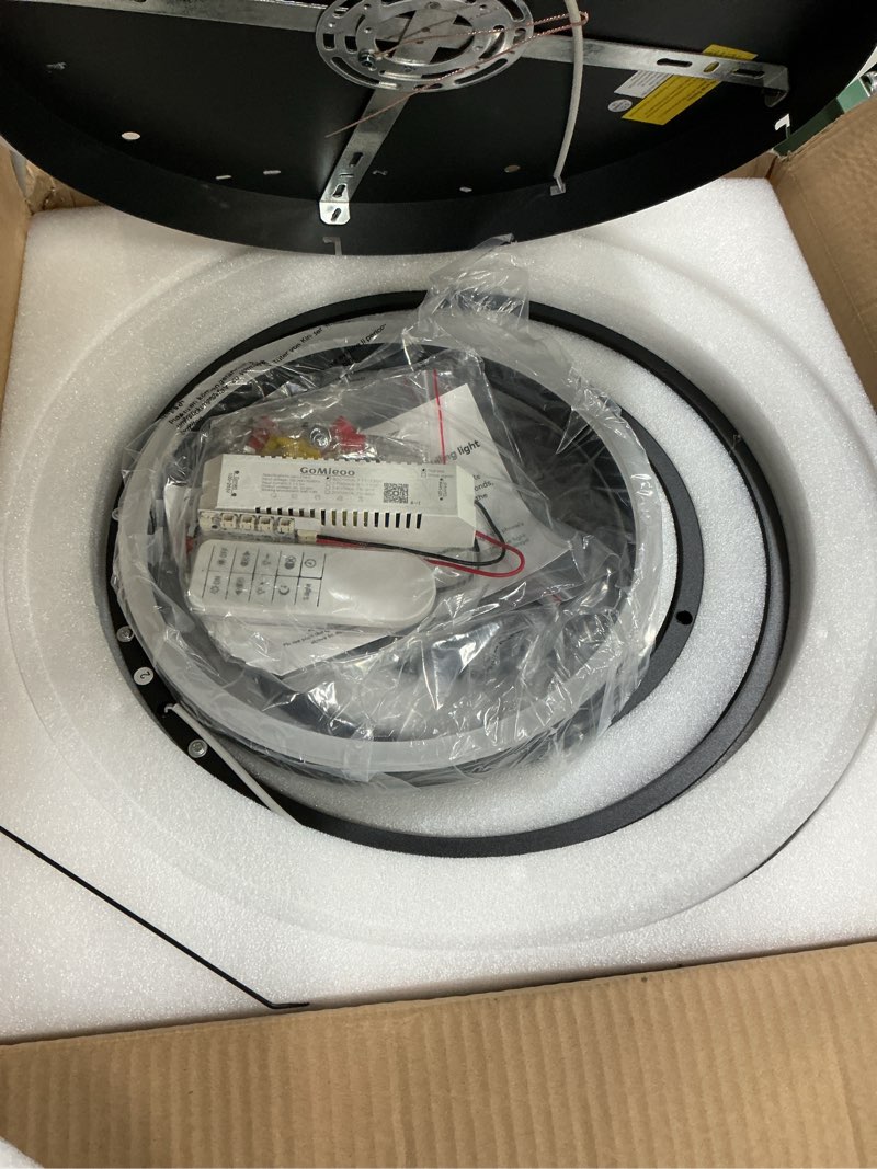 Condition photo showing Good Condition for o'neeldy black flush mount ceiling light dimmable dining room light fixture round 6 rings modern led ceiling light with remote control 47" kitchen lighting fixture ceiling lamp for living room,bedroom black ceiling light, 6-light