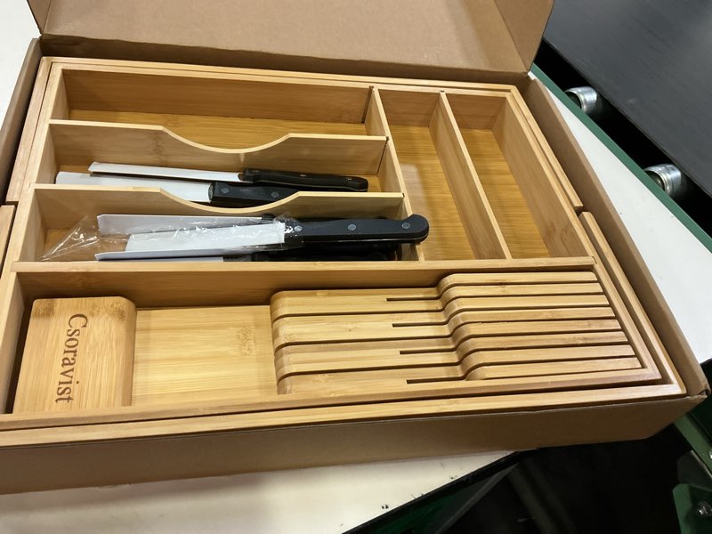 Condition photo showing As Is for 9-piece bamboo kitchen drawer organizer set, expandable silverware &utensil organizer with removable knife block & steak knives, flatware organization, tableware dividers storage(natural)