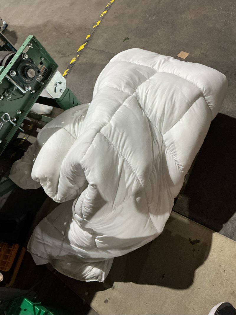 Condition photo showing As Is for feather down comforter, all season white extra fluffy down duvet insert with corner tabs, hotel bedding comforter for cozy sleep, machine washable