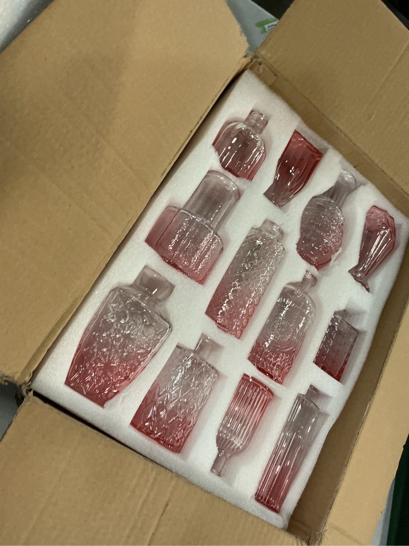Condition photo showing Good Condition for set of 12 glass bud vase set, small vintage clear flower vase centerpieces for table bulk cute rusti