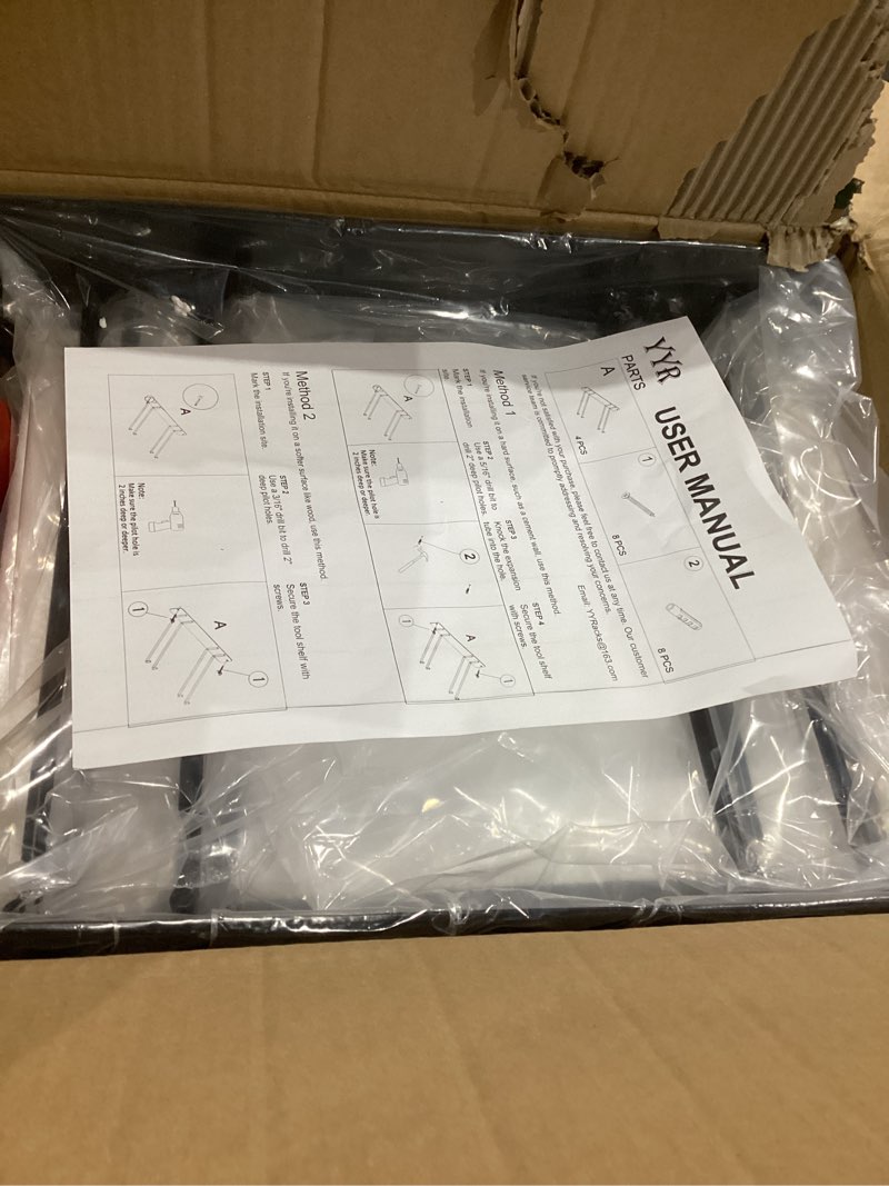 Condition photo showing As Is for YYR Folding Chair Storage Rack, Garden Tool & Foldable Chairs Organizer Hangers for Garage Organization, Lawn, Beach, Camping, Yard Chairs Hooks Wall Mount, Soild Metal Max Load 480 LBS - 4 Pack Chair Rack - 4 Pack