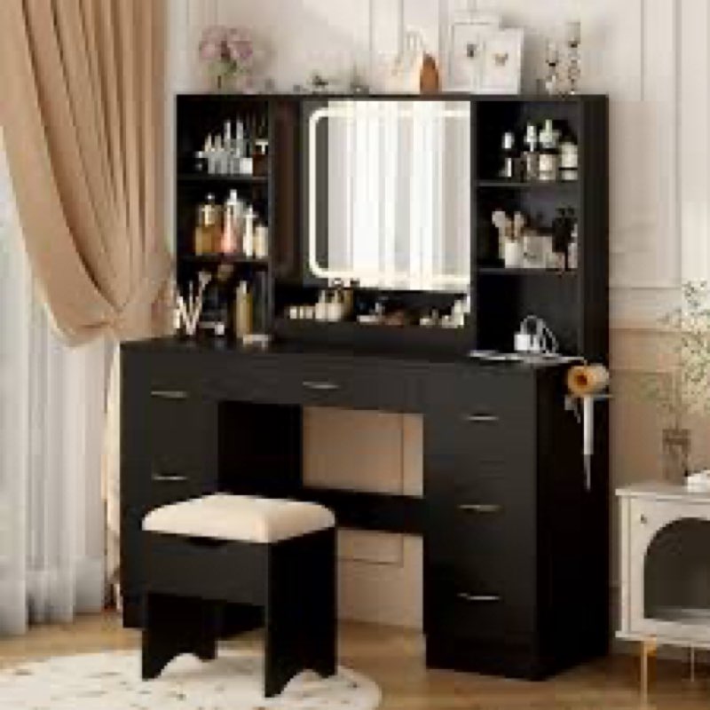 Makeup Vanity Desk with LED Lighted Mirror & Power Outlet & 7 Drawers