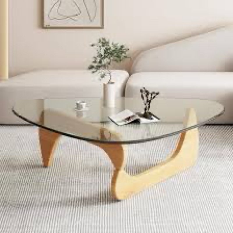 Mid Century Modern Coffee Table, Triangle Glass Coffee Table with Tempered Glass Top & Adjustable Na