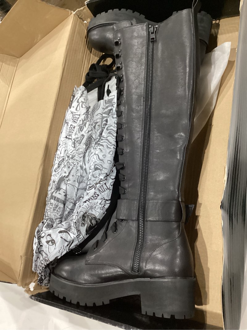Condition photo showing As Is for Dolls Kill Obsidian Pocket Combat Boots by Current Mood – Knee High Vegan Leather Combat Boots for Edgy Style 5 Black