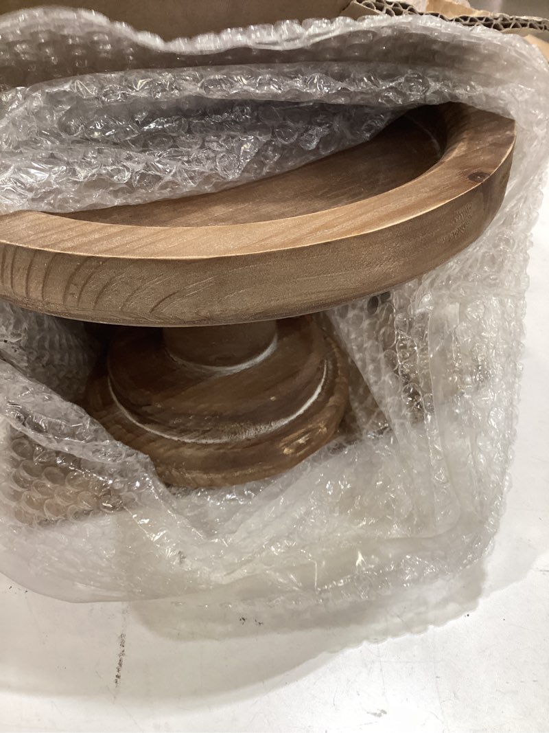 Condition photo showing Good Condition for sofe 11" rustic cake stand, round vintage cup cake stand, natural wood cake stand with pedestal dessert display, farmhouse cake holder perfect for weddings, birthdays and country decor brown 10.6" x 10.6" x 6.7"