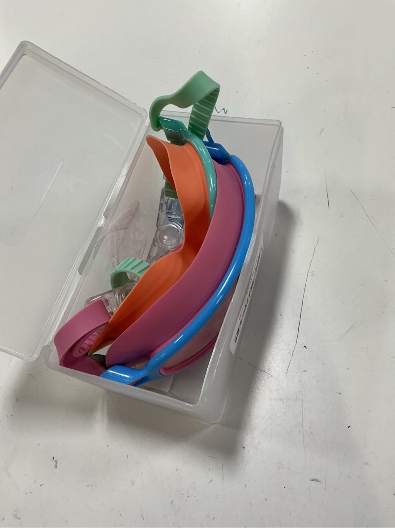 Condition photo showing New/Like New for blumi goggles kids, 2 pack, ages 3-14, wide view, anti-fog anti-uv, one-button quick release, no hair tangling pink blue + orange