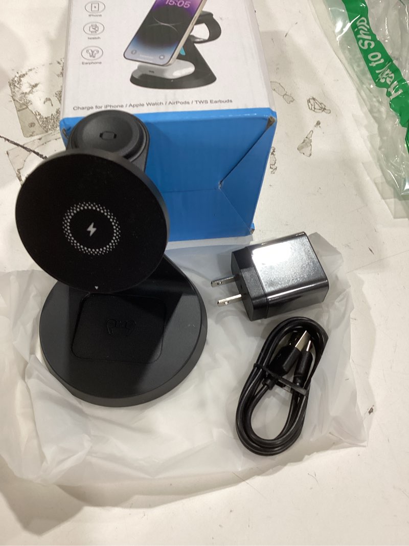 Condition photo showing Good Condition for wireless charger compatible with mag-safe,3 in 1 charging station for iphone17/16/15/14/13/12 series, apple watch,airpods,15w fast charging (usb-c adapter included) black