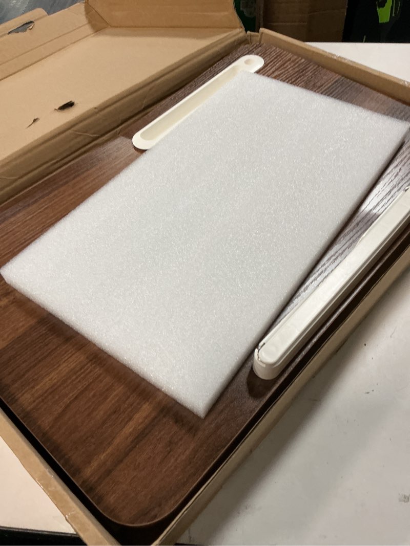 Condition photo showing Good Condition for wishacc lap desk with cushion and hidden book clips, wooden bed desk for laptop and writing, cushioned laptop tray for couch, portable lap desk for adults, car laptop couch table (fits up to 17") walnut medium 21*13 in