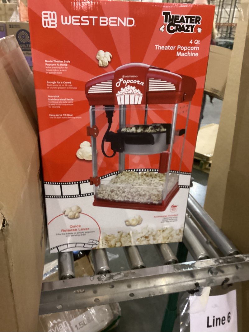 Condition photo showing New/Like New for West Bend Stir Crazy Movie Theater Popcorn Popper, Gourmet Popcorn Maker Machine with Nonstick Popcorn Kettle, Measuring Tool and Popcorn Scoop for Popcorn Machine, 4-Qt., Red