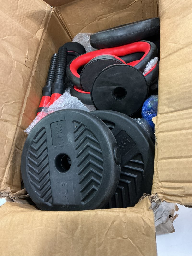 Condition photo showing As Is for Adjustable Dumbbells,20/30/40/60/80lbs Free Weight Set with Connector, 4 in1 Dumbbells Set Used as Barbell/Kettlebells/Push up Stand, Fitness Workout Equipment for Home Gym for Youth,Women/Men Black 30LBS (15LBS*2) + Kettlebell Handle