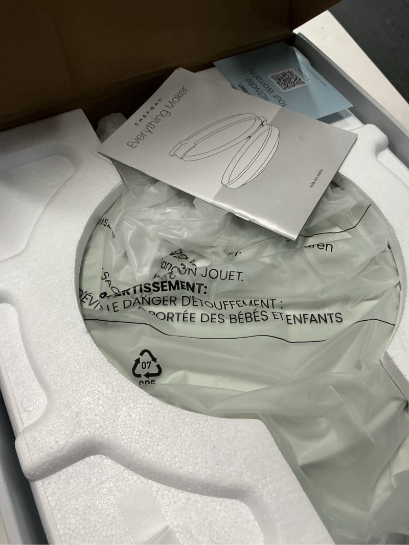 Condition photo showing New/Like New for Chefman Everything Maker & Pizza Oven – 1440W Countertop Electric Pizza Maker with 12” Nonstick Cooking Plates, Plus Makes Quesadillas, Omelettes and More, with Indicator Lights and Vertical Storage 13" x 15" x 4" Concrete