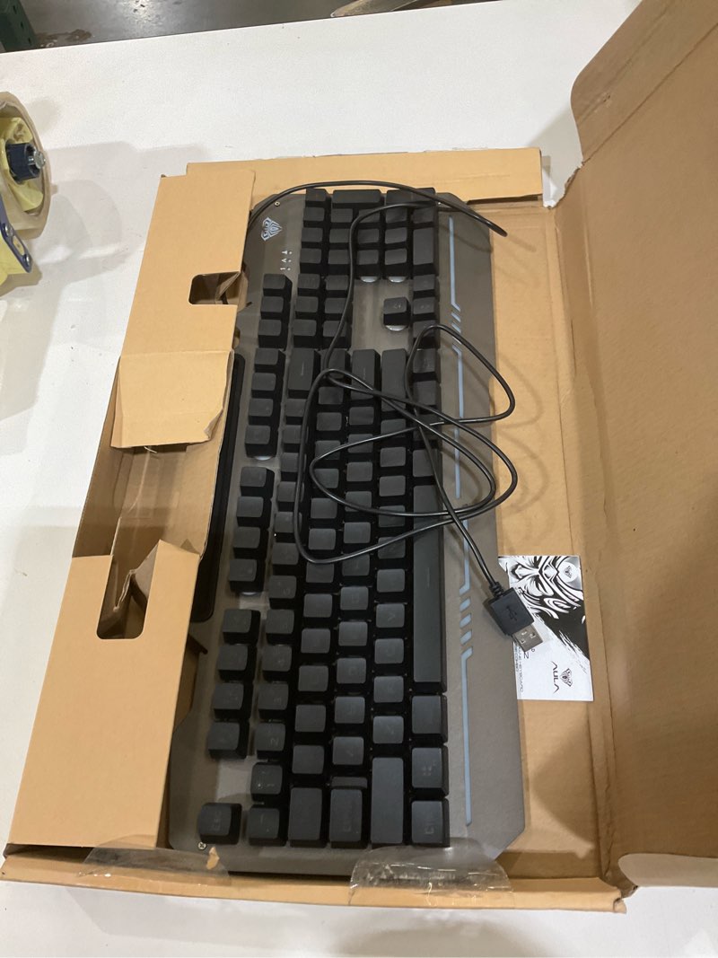 Condition photo showing As Is for AULA Keyboard, T102 104 Keys Gaming Keyboard and Mouse Combo with RGB Backlit Number Pad, All-Metal Panel Waterproof Light Up PC Keyboard,USB Wired Computer Keyboards Gaming for Win XP/7/8/10 PC Gamer Black Keycaps + Silver Panel