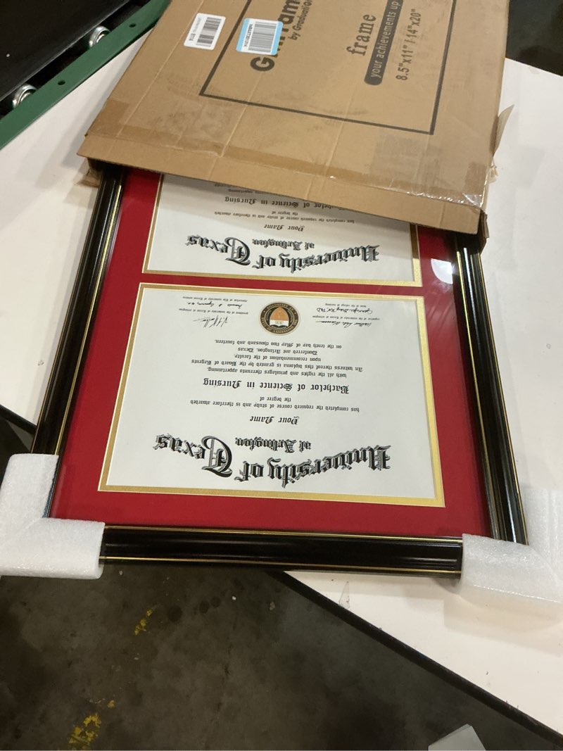 Condition photo showing New/Like New for GraduationMall Double 8.5x11 Diploma Frame,Solid Wood & Tempered Glass,Black Finish with Gold Trim,Red