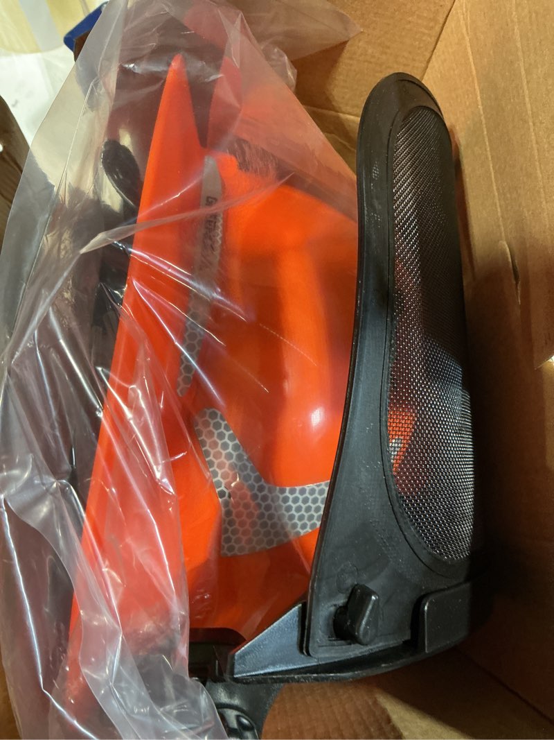 Condition photo showing New/Like New for green devil industrial chainsaw helmet with face shield built in visor and ear muffs 4 in 1 system ansi z89.1 safety hard hat adjustable headgear ideal for forestry and arborist work full brim style orange with clear built-in visor and mesh face shield