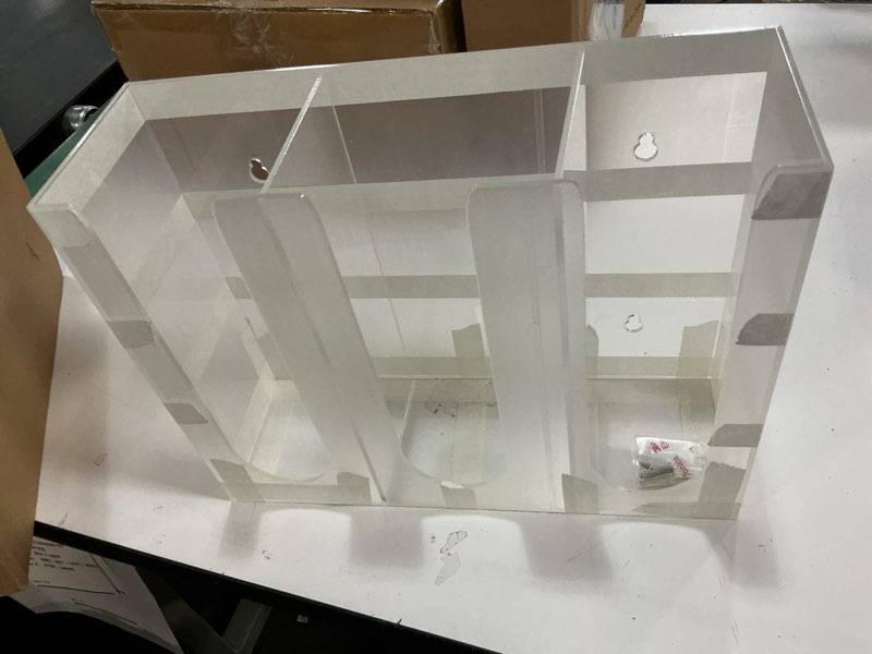 Condition photo showing Good Condition for Suwimut Acrylic Coffee Cup and Lid Storage Organizer, 3 Compartment Disposable Paper Cup Dispenser Organizer, Clear Plastic Cups and Lids Holder for Kitchen Coffee Bar Shop Party Supplies