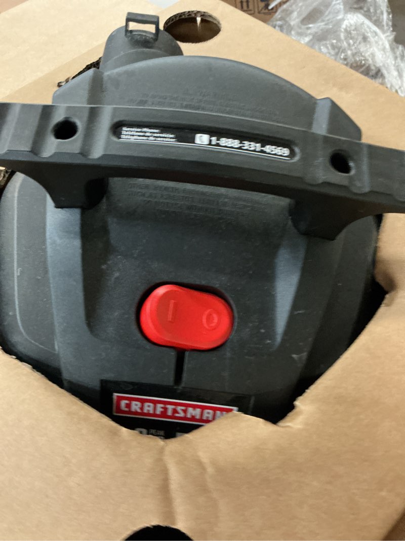 Condition photo showing As Is for craftsman 5-gallon 4-hp corded wet/dry shop vacuum with accessories included