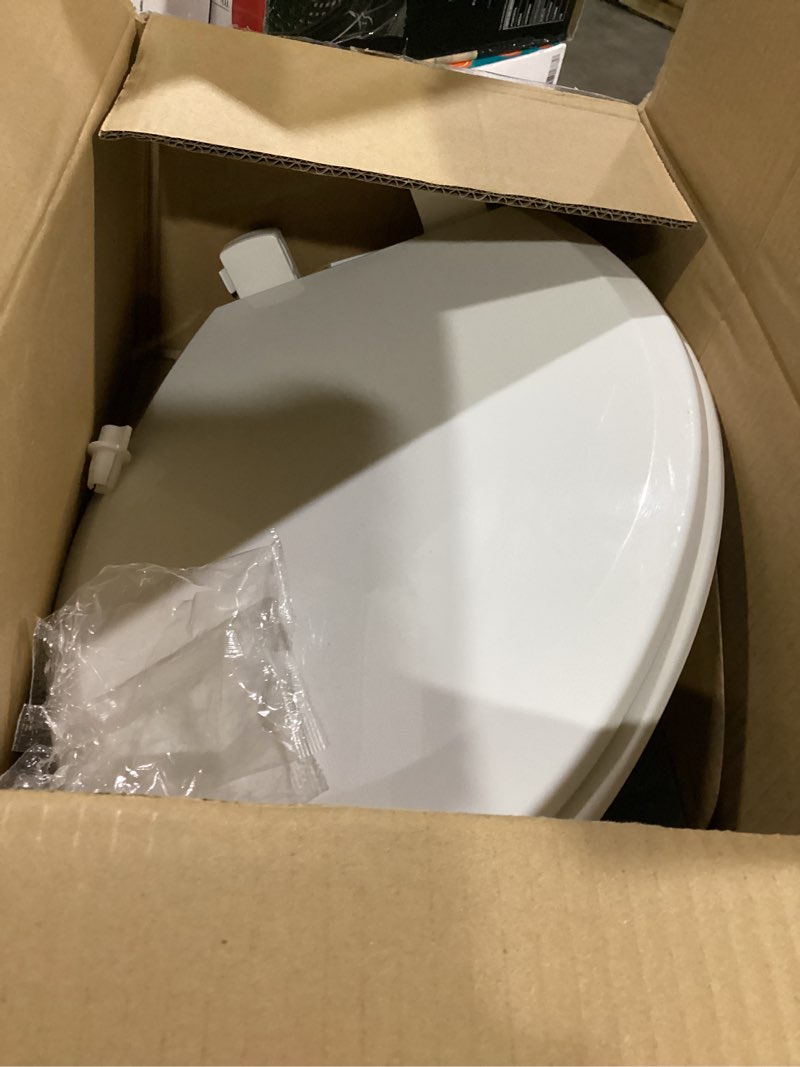 Condition photo showing As Is for elongated toilet seat, 18.5” soft/slow close oval (oblong) toilet seat for elongated toilets, no-slam quiet-close lid, easy-to-install & clean, durable never-loosen white plastic seat white elongated(oval)