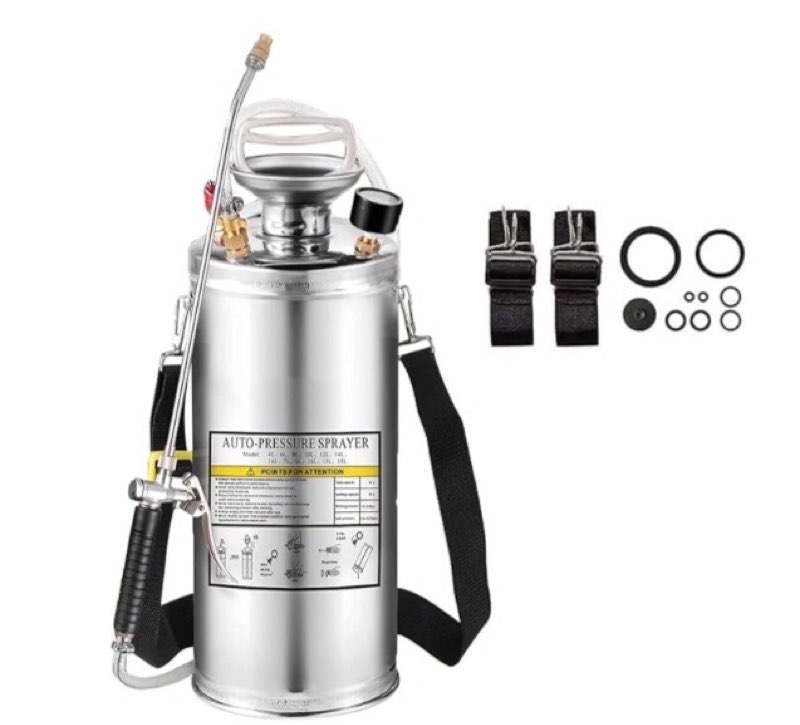 stainless steel pump up sprayer reinforced hose, hand pump sprayer with pressure gauge&safety valve, adjustable nozzle suitable for gardening (1.5 gallon)