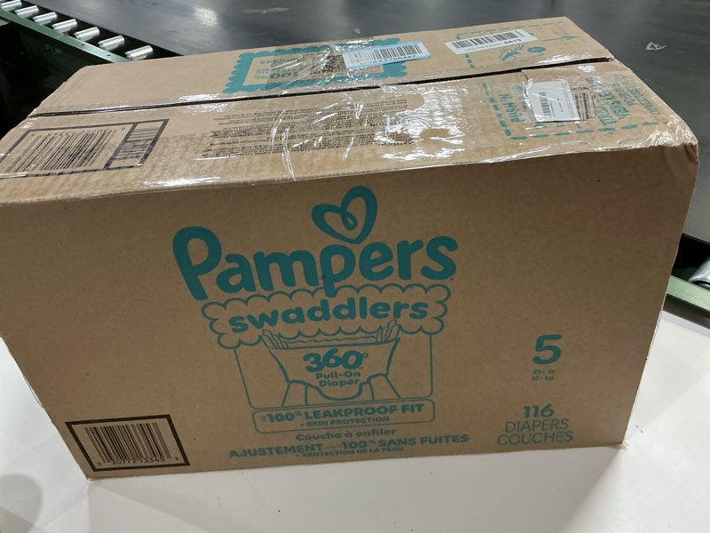 Condition photo showing New/Like New for Pampers Diapers - Swaddlers 360° - Size 5, 116 Count, up to 100% Leakproof Comfy Dry Fit, Designed for Easy Changes, Pull On Baby Diaper (Packaging May Vary) Size 5 116