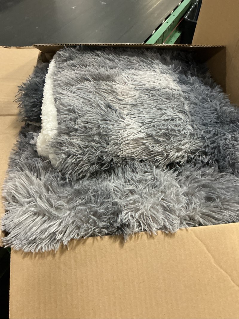 Condition photo showing As Is for flysheep luxury faux fur shaggy fluffy comforter set queen size mixed black and gray long hair, plush sherpa backing reversible bedding set super warm for winter
