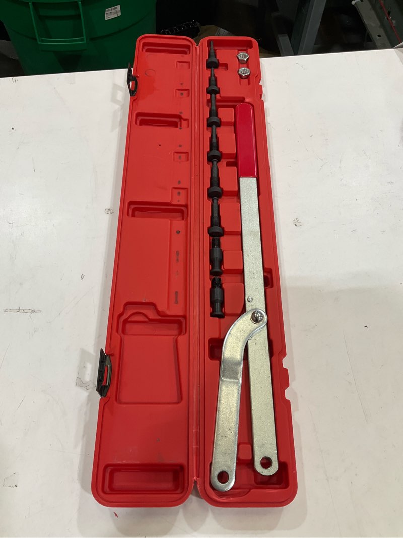 Condition photo showing New/Like New for 11pcs universal camshaft pulley wrench & fan clutch removal holder set with interchangeable pins, cam sprocket holding tool kit, adjustable jaw spread holder alignment repair tool set