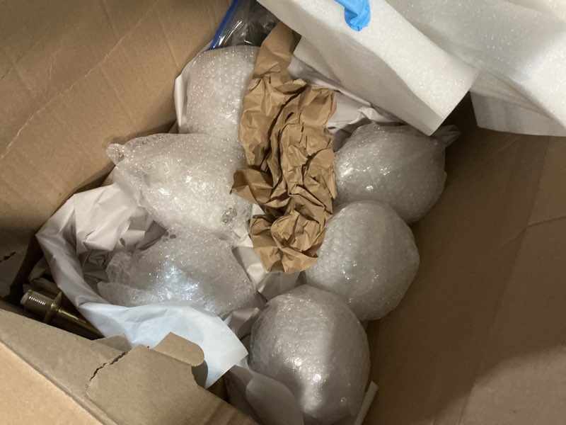 Condition photo showing As Is for BOKT Mid Century Milk Glass Chandelier Gold G9 Ceiling Chandelier Light Industrial Metal Adjustable Pendant Lighting Farmhouse Large Globe Flush Mount Light Fixture for Dining Room Kitchen Indoor 6 Light-White