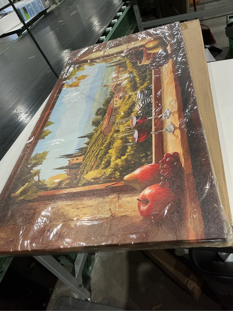Condition photo showing New/Like New for crmotu vineyard large wall art, faux window canvas prints of wine country, grape farms beyond the vintage windowsill, rustic dining room kitchen wall decor, restaurant home bar decoration 24x48 inch 48l" x 24w" village outside the window