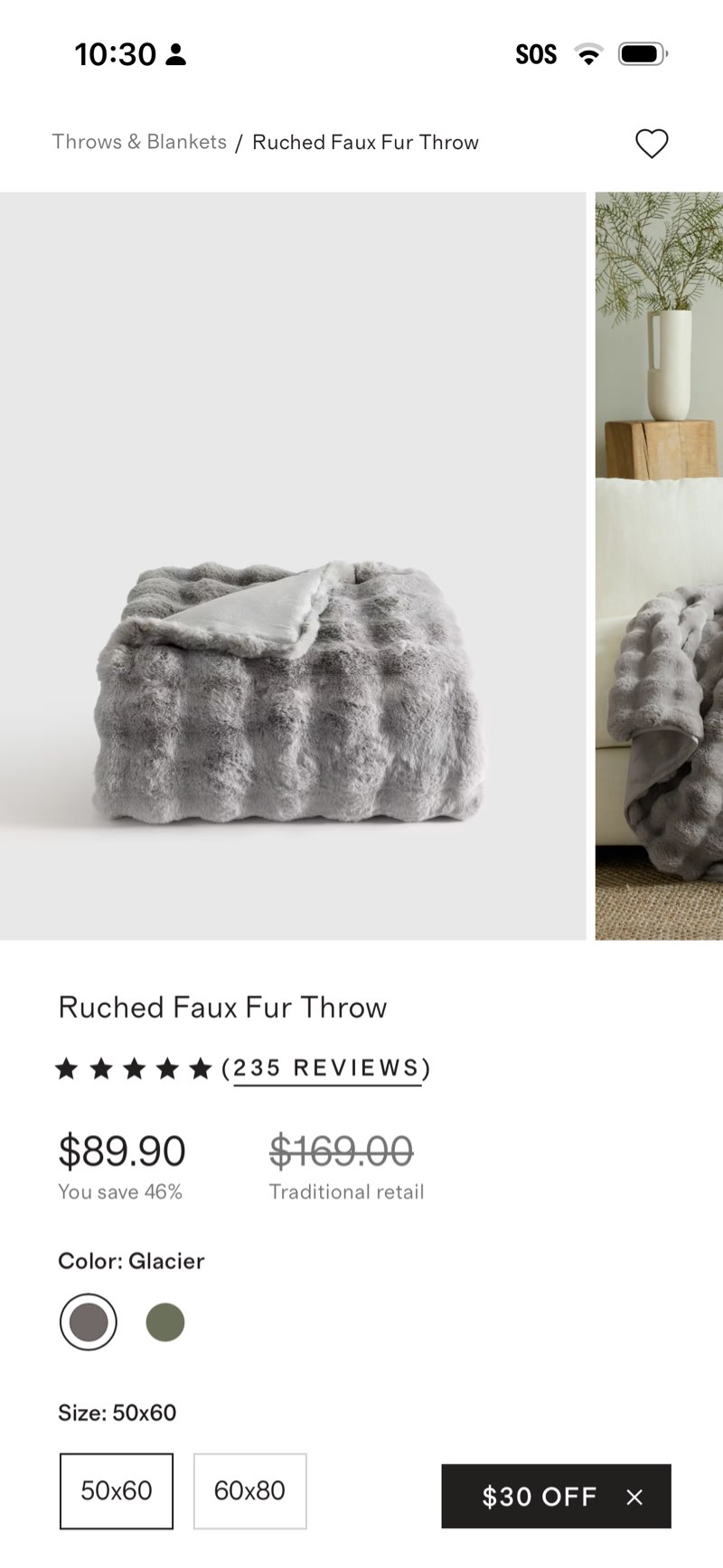 ruched faux fur throw 50x60