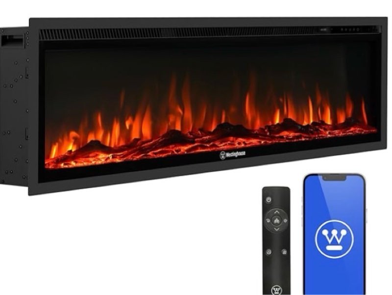 westinghouse 50 inch electric fireplace heater, compatible with alexa & google home, wall mount or in-wall recessed fireplace insert, 24 hour timer, color changing flames, 750w/1500w indoor heater