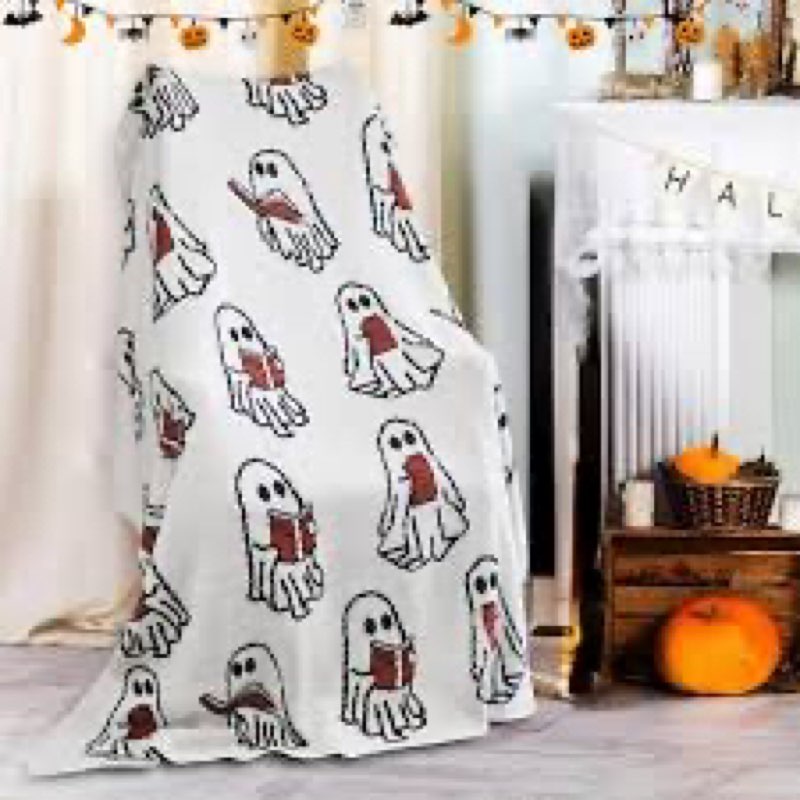 Ghost Reading Blanket, Cute Knitted Throw for Halloween, 50x60'' Cozy Ghost Reading a Book Blanket f