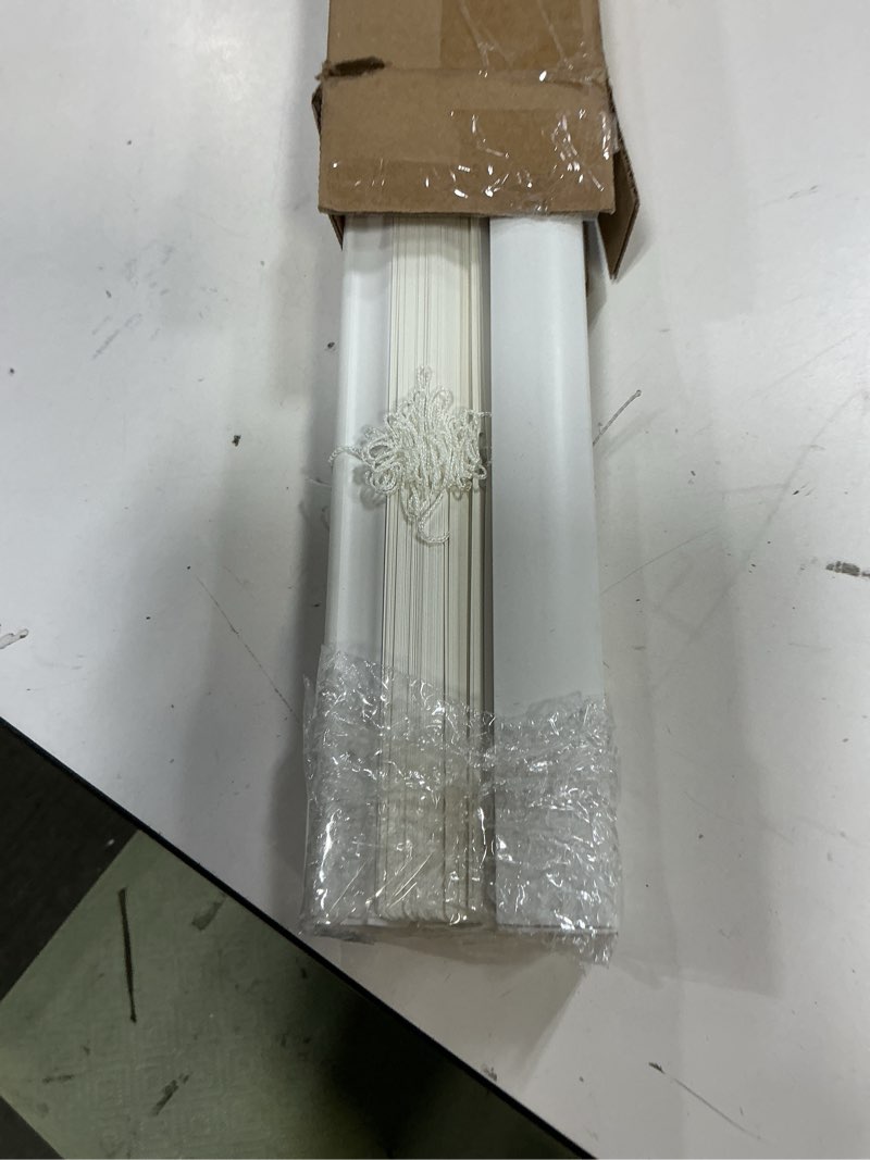 Condition photo showing As Is for DEZ FURNISHINGS Cordless 1" Signature Mini Blind with Flexible Slats, 23" W x 64" H, Pearl White 23"W x 64"H