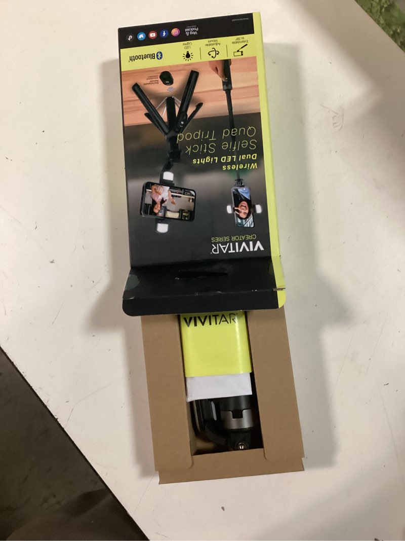 Condition photo showing New/Like New for vivitar selfie stick tripod with quad led lights & wireless remote, black, vivtr2l36