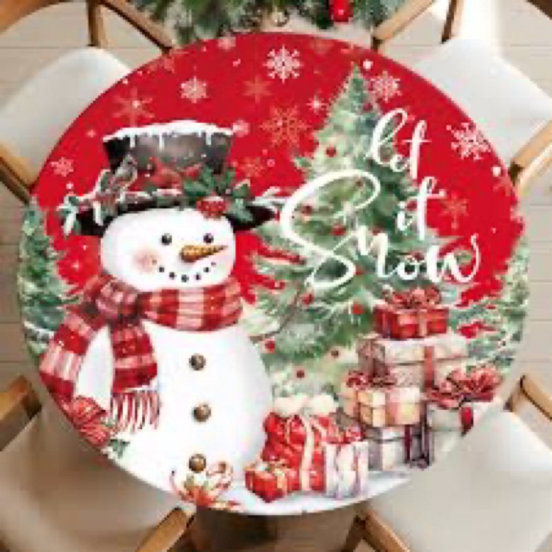 Casuru Christmas Round Fitted Tablecloth with Elastic Snowman Round Table Cover Waterproof Let It Sn
