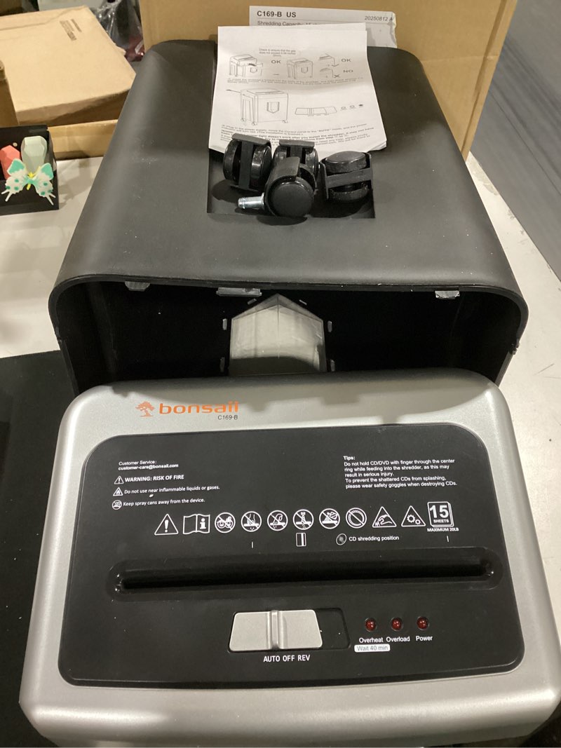 Condition photo showing Good Condition for bonsaii 15-sheet office paper shredder, 40 mins heavy duty shredder for home office, crosscut shreder with anti-jam system & p-4 high security supports cd/credit cards/staple,5 gal pullout bin c169-b 1 5 sheet-40 mins