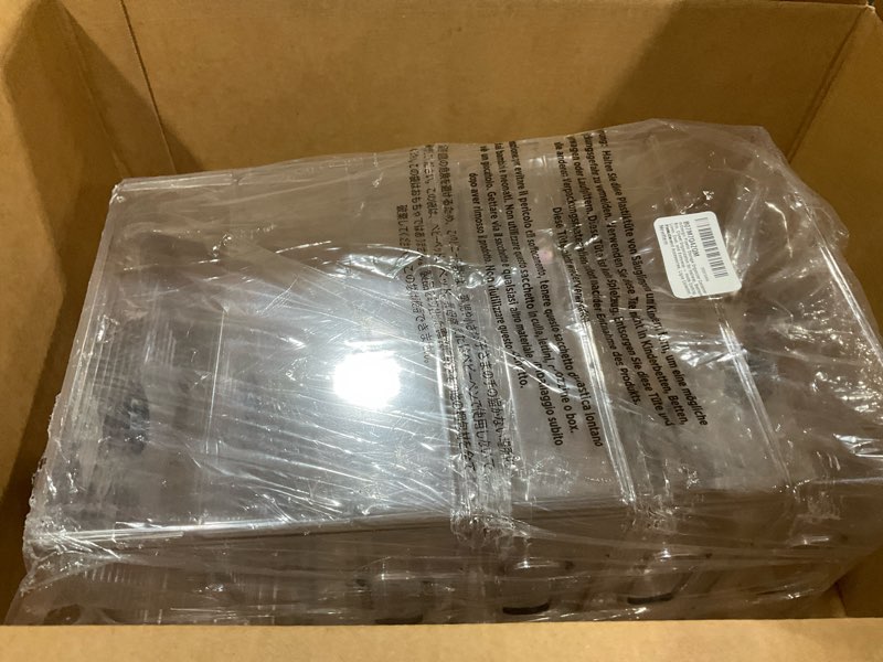 Condition photo showing As Is for mdesign plastic storage closet organizer bin, container bin for entryway, hallway, linen, and coat closet - organization for clothing, blankets, toys, and accessories, ligne collection, 4 pack, clear 10 x 8 x 8 (pack of 4)