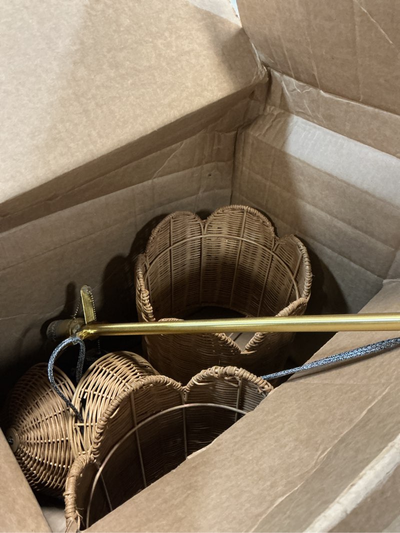 Condition photo showing As Is for jonathan y 27.5" brass gold coastal buffet table lamp set of 2 for bedroom, boho table lamps with natural rattan scalloped shade, pull chain, led bulbs included jyl1138a-set2 natural/brass gold