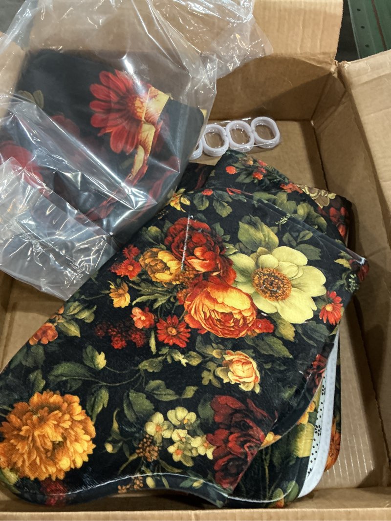 Condition photo showing As Is for 4Pcs Black Floral Shower Curtain Sets, Boho Vintage Dark Flower Bloosom Rose Bathroom Curtain with Non-Slip Rugs, Toilet Lid Cover and Bath Mat, Waterproof Shower Curtains with Hooks, 72 x 72 Inch