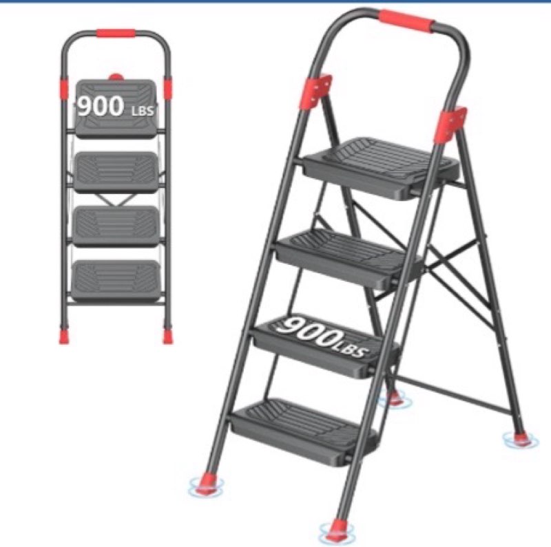 diamondforge 4 step ladder, folding step stool with anti-slip wide pedal, soft handle, anti-slip feet, sturdiest steel construction, 900lbs capacity steel ladder for home and office, blackred