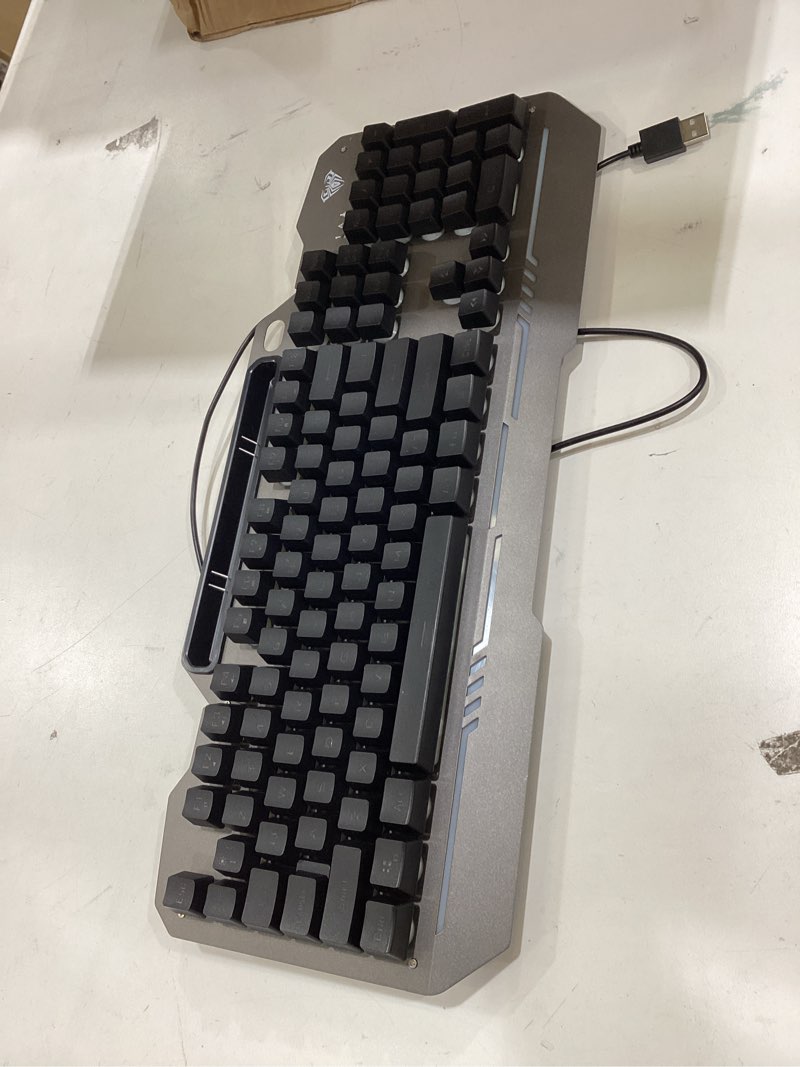 Condition photo showing As Is for AULA Keyboard, T102 104 Keys Gaming Keyboard and Mouse Combo with RGB Backlit Number Pad, All-Metal Panel Waterproof Light Up PC Keyboard,USB Wired Computer Keyboards Gaming for Win XP/7/8/10 PC Gamer Black Keycaps + Silver Panel