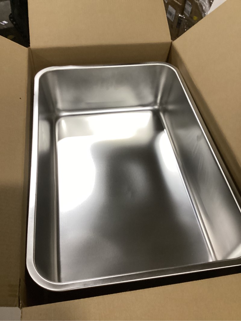 Condition photo showing As Is for kichwit extra large stainless steel open cat litter box with high sides, metal litter pan for cat, 23.6 x 15.7 x 5.9 inches 23.6" l x 15.7" w x 5.9" h (without lid)