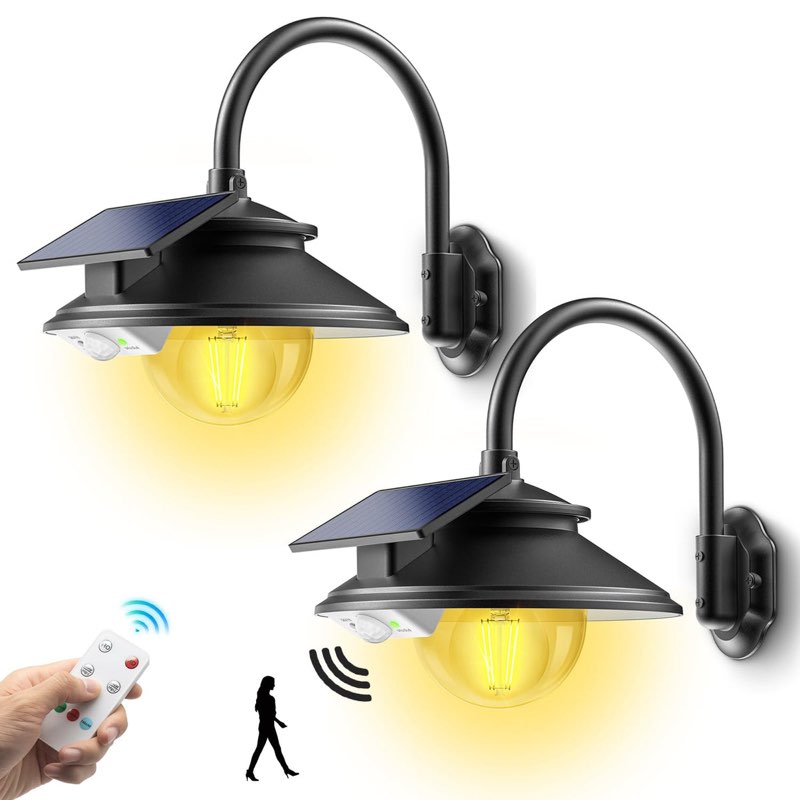SIEDiNLAR Solar Barn Light - 3 Modes, Waterproof Gooseneck Wall Light with Remote/Motion Sensor, Black, 2 Pack for Garage, Shed, Coop