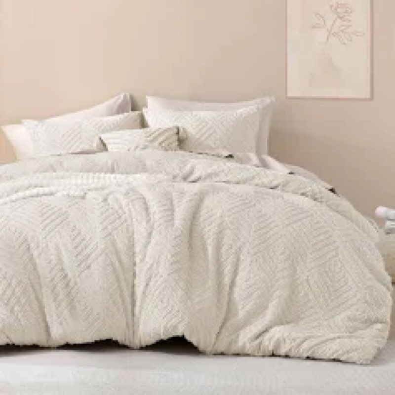 litanika beige oversized king size comforter, 3 pieces cream tufted boho farmhouse bedding comforter