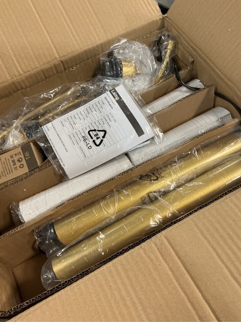 Condition photo showing Good Condition for Dimmable Floor Lamp - 3 Lights Gold Arc Floor Lamps for Living Room, 1000LM Modern Tall Standing Lamp with White Shade&Marble Base, Mid Century Tree Floor Lamp for Bedroom Office, 3 LED Bulbs Included Gold-White Shades-Marble Base