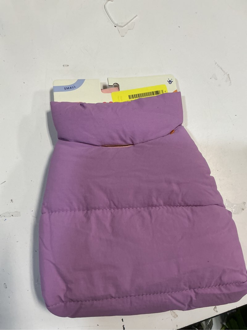 Condition photo showing As Is for oodles purple quilted puffer bubble hem fall dog jacket, small