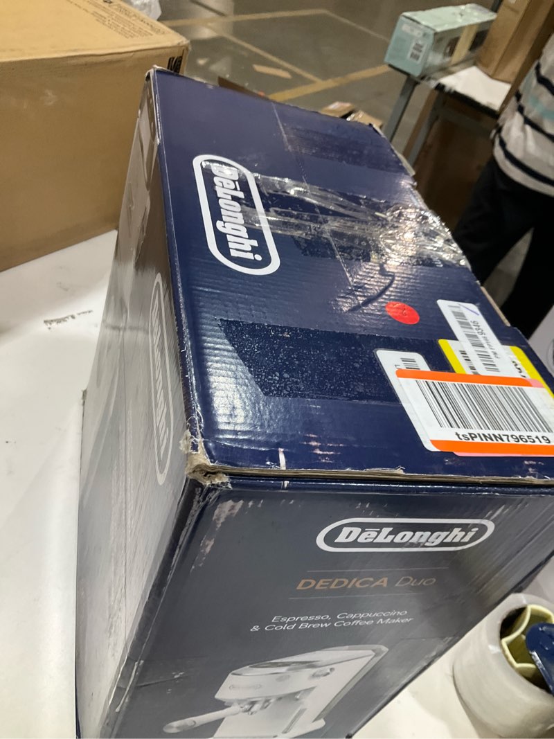 Condition photo showing As Is for De'Longhi Dedica Duo Compact Espresso Machine - Cold Brew Coffee Maker with Milk Frother Wand- for Espresso, Hot & Iced Coffee, Cappuccinos, Lattes & Home Barista Brewing, Vanilla Vanilla White